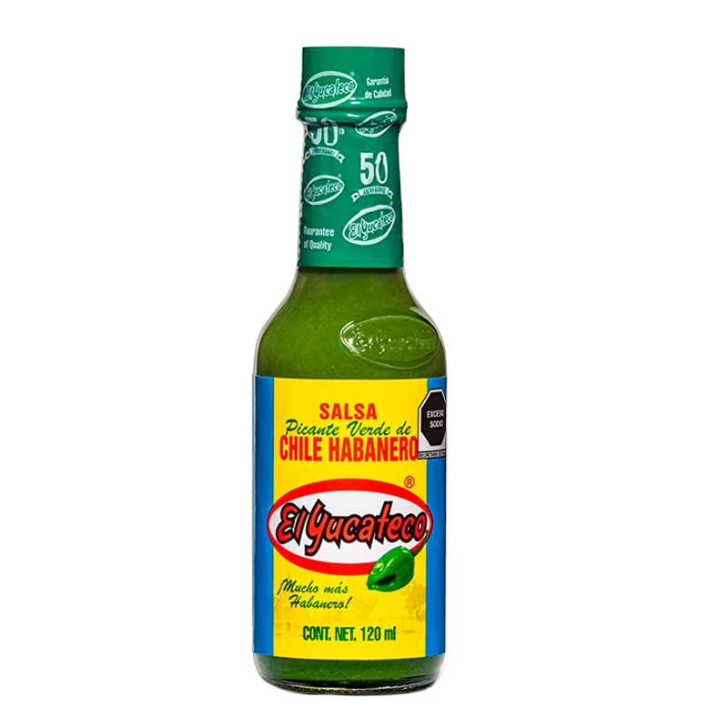 A 120ml bottle of El Yucateco Green Habanero Salsa with the trademark yellow and red branding.