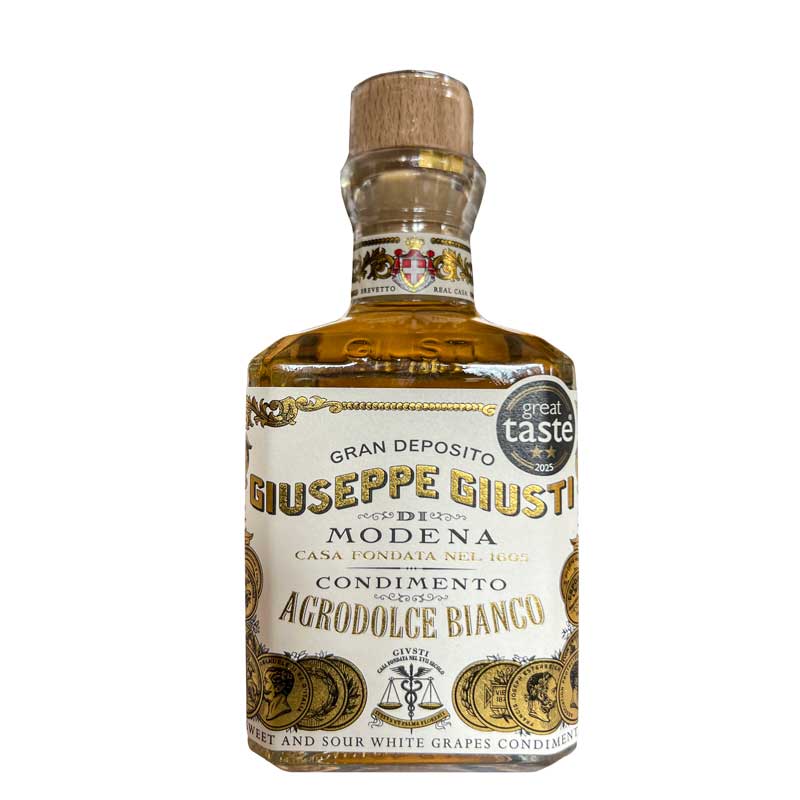 A 250ml bottle of Giuseppe Giusto Agrodolce Bianco White Balsamic Condiment on a white background 