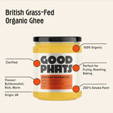 Jar of Good Phats British Grass-Fed Organic Ghee with product details on a white background