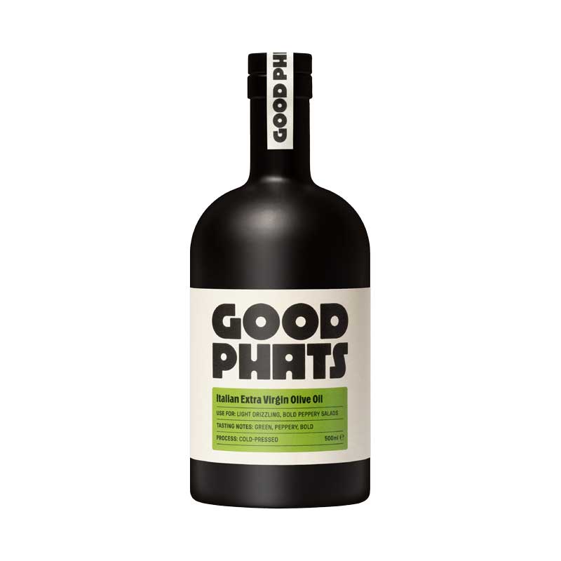 Black bottle of Good Phats Italian Extra Virgin Olive Oil on a white background