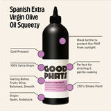 Black squeezy bottle of Good Phats Spanish Extra Virgin Olive Oil with features highlighted on a beige background