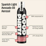Spanish Light Avocado Oil Aerosol with features highlighted on a beige background