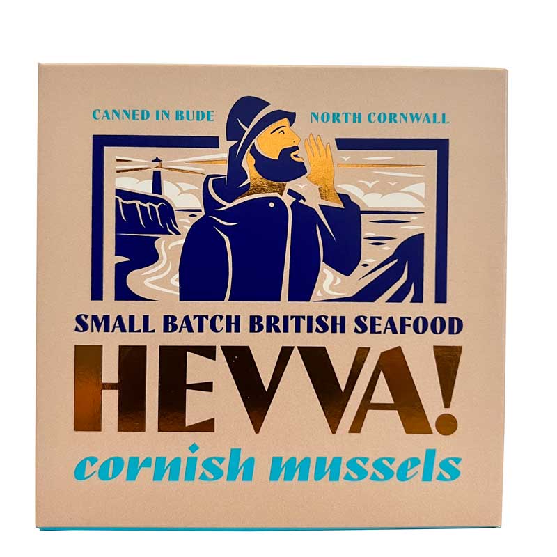 A square 110g box of Hevva! Cornish Mussels, featuring a vintage-style illustration of a sailor shouting towards the sea with a lighthouse in the background. The box is beige with pale blue and gold text and graphics.