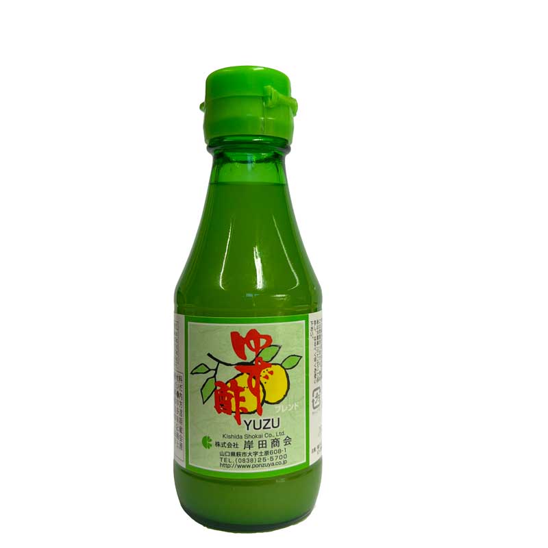 A 150ml bottle of Japanese Yuzu Juice from the Kishida Shokai Company with a green cap on a white background.