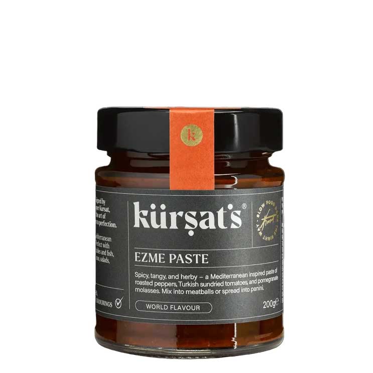 A 200g jar of Kursat's Ezme Paste with a dark grey label and a black lid. Pictured on a white background.