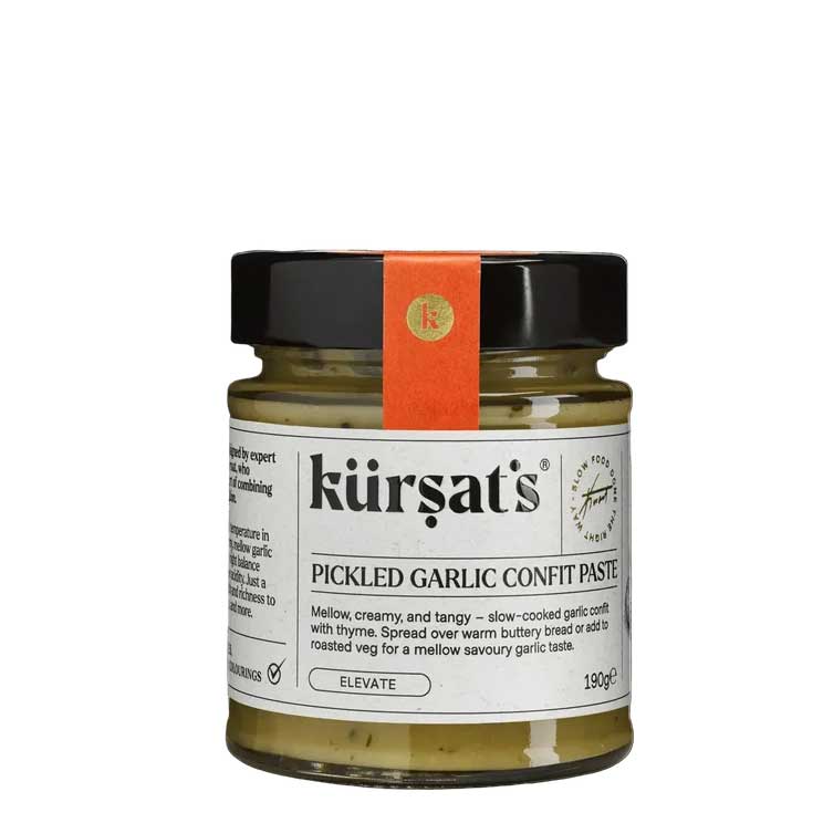 A 190g glass jar of kürsát's Pickled Garlic Confit Paste with a black lid, white label, and a bright orange paper seal, set against a plain white background.
