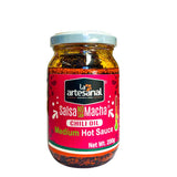A jar of La Artesanal Mexican Salsa Macha Medium Hot Chilli Oil with a pink label on a white background