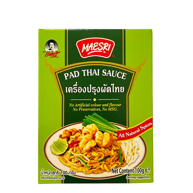 A 100g pack of Maesri Pad Thai Sauce with a green box on a white background.