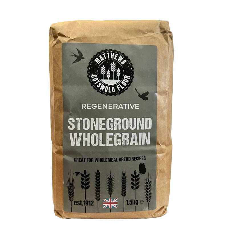 A 1.5kg bag of Matthew Regenerative Stoneground Wholegrain Flour with a grey label, pictured on a white background