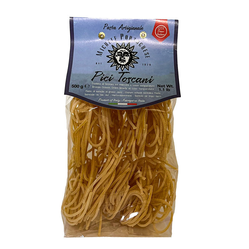 A pack of Michele Portoghese Pici pasta on a white background