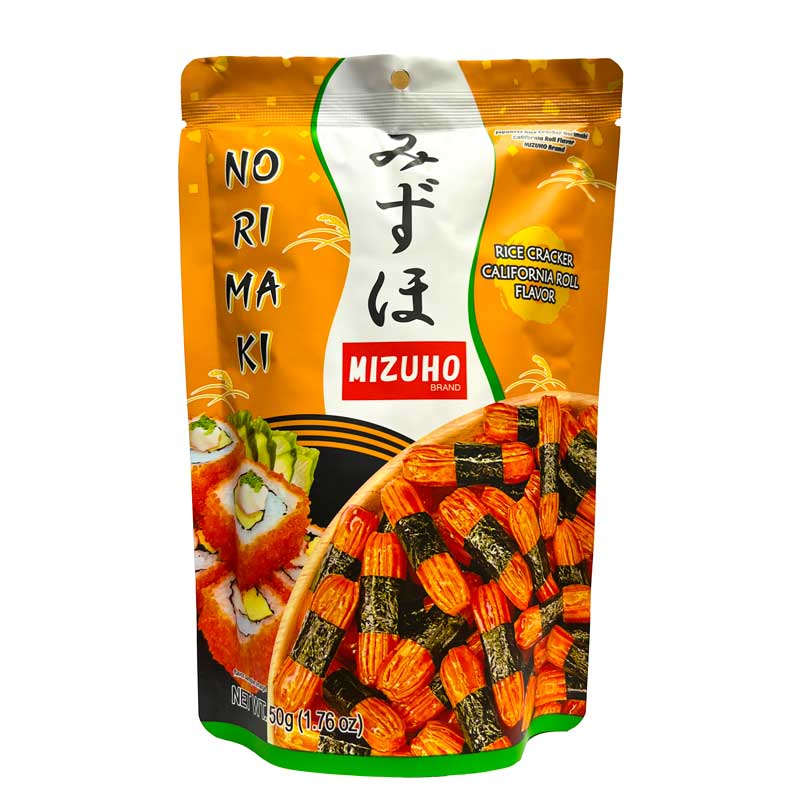 A bag of Mizuho Norimaki Rice Crackers California Roll Flavour with red and orange branding on a white background.