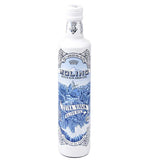 A white bottle of Molino Arbequina Extra Virgin Olive Oil with a blue and white illustrated label depicting a mountain scene with a windmill