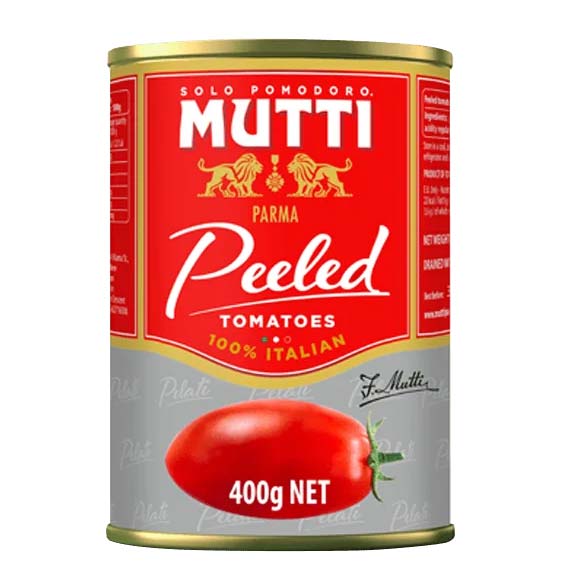 A 400g can of Mutti Italian Peeled Plum Tomatoes with distinct red and grey branding on a white background.