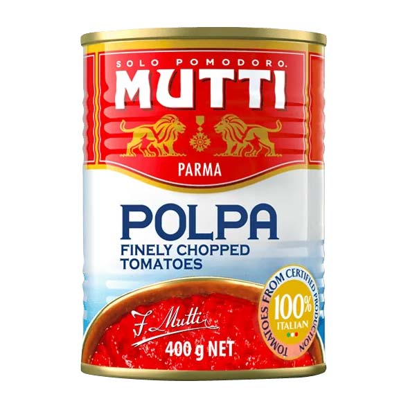 A 400g can of Mutti Italian Tomato Polpa with distinct red and pale blue branding on a white background