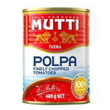 A 400g can of Mutti Italian Tomato Polpa with distinct red and pale blue branding on a white background