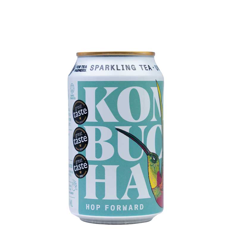 A pale blue can of Nania's Hop Forward Kombucha with a pretty illustrated humming bird on a white background