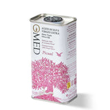 A 250ml can of O-Med Picual Extra Virgin Olive oil with pink tree design on a white background