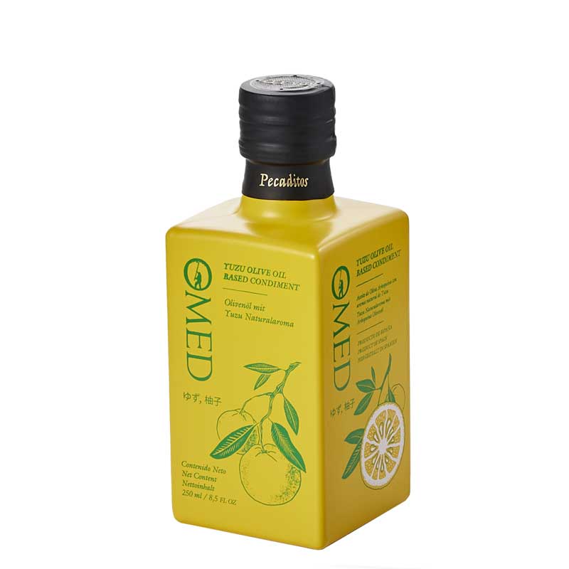 A 250ml bottle of O-Med Yuzu Extra Virgin Olive Oil in a yellow square bottle with a black cap. 