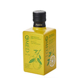A 250ml bottle of O-Med Yuzu Extra Virgin Olive Oil in a yellow square bottle with a black cap. 