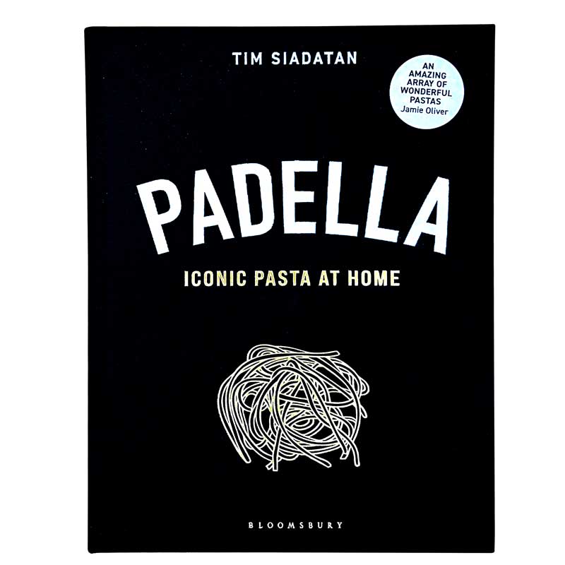 Book cover of 'Padella: Iconic Pasta at Home' by Tim Siadatan, published by Bloomsbury. The cover is solid black with bold white title text, a white scribble illustration of pasta. Pictured on a white background.