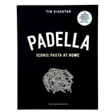 Book cover of 'Padella: Iconic Pasta at Home' by Tim Siadatan, published by Bloomsbury. The cover is solid black with bold white title text, a white scribble illustration of pasta. Pictured on a white background.