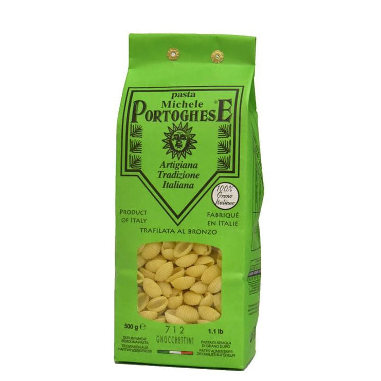 Green package of Michele Portoghesi pasta gnocchetti on a white background