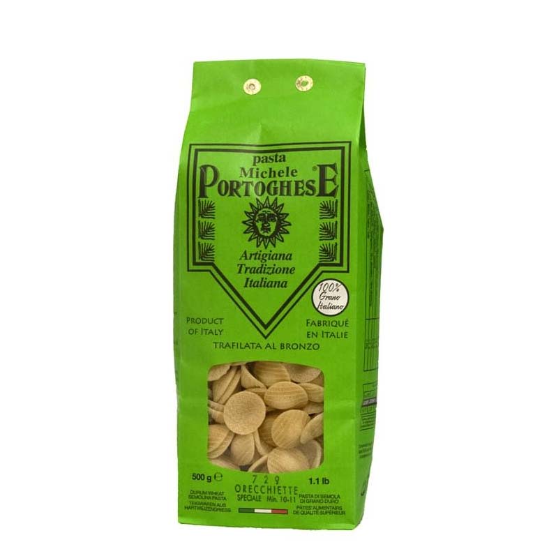 A bag of Pasta Michele Portoghese Orecchiette pasta with attractive green packaging on a white background