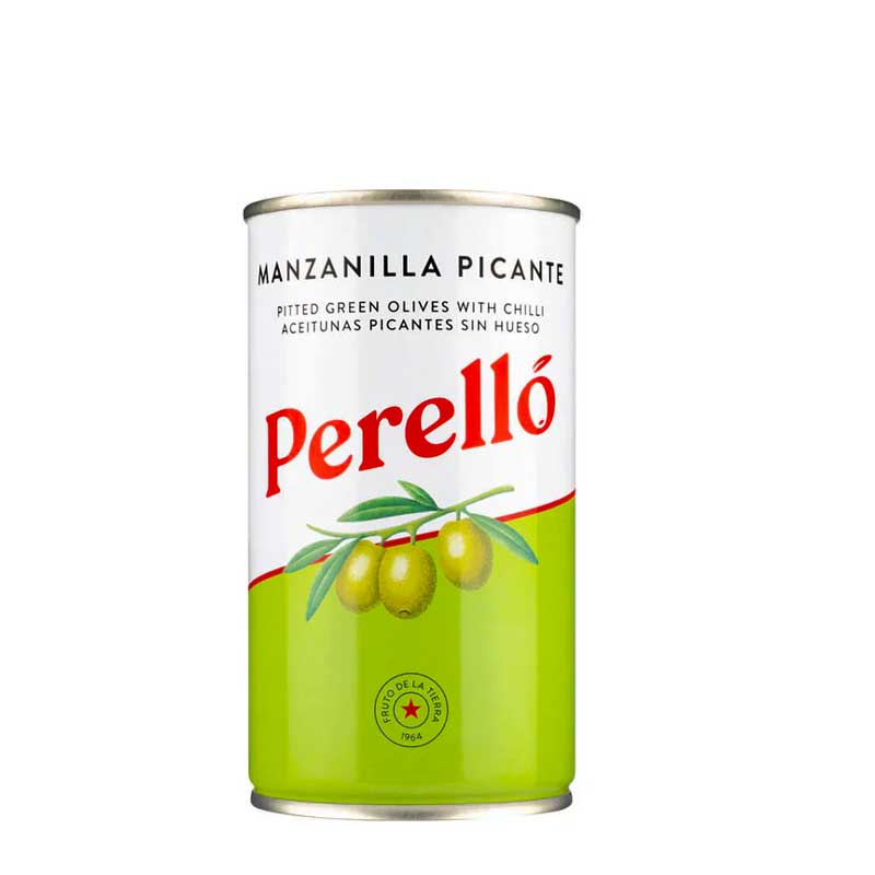 A 350g can of Perello Pitted Manzanilla Picante Olives with green and white branding on a white background