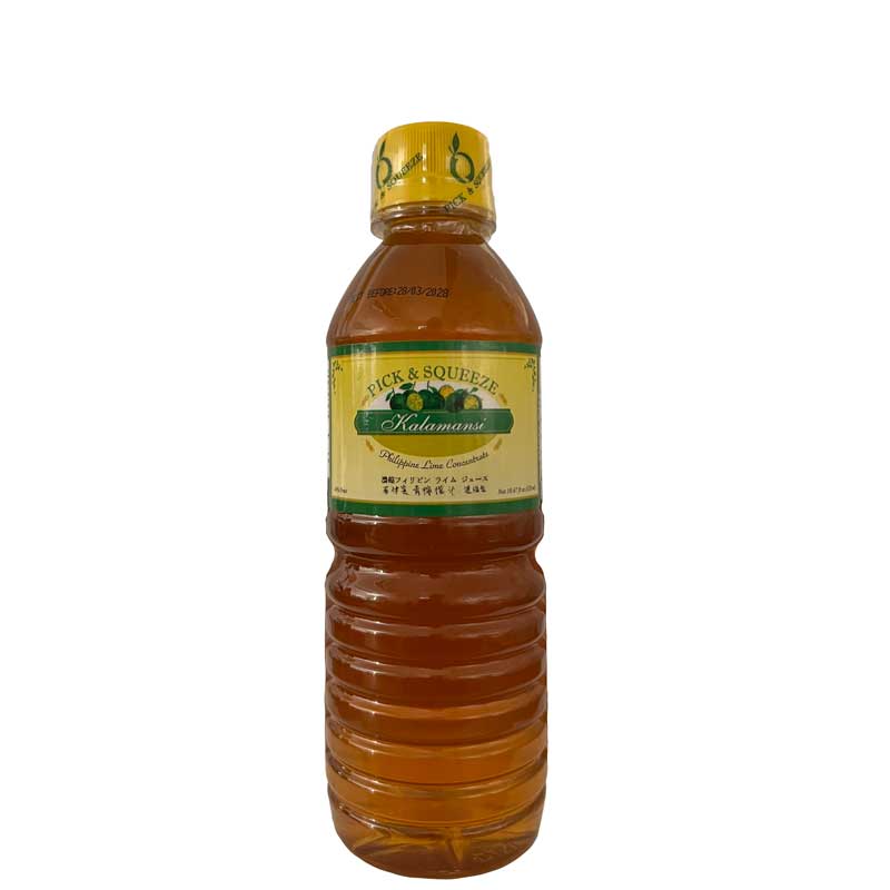 A 320g bottle of Pick & Squeeze Kalamansi concentrate, featuring a ribbed clear plastic bottle filled with golden-brown liquid, a yellow cap, and a yellow label with green accents.