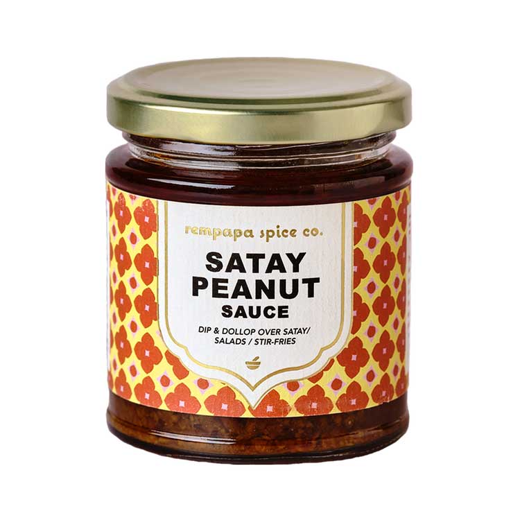 A 170g jar of Rempapa Spice Co. Satay Peanut Sauce with a gold metal lid and a patterned label, shown on a plain white background.