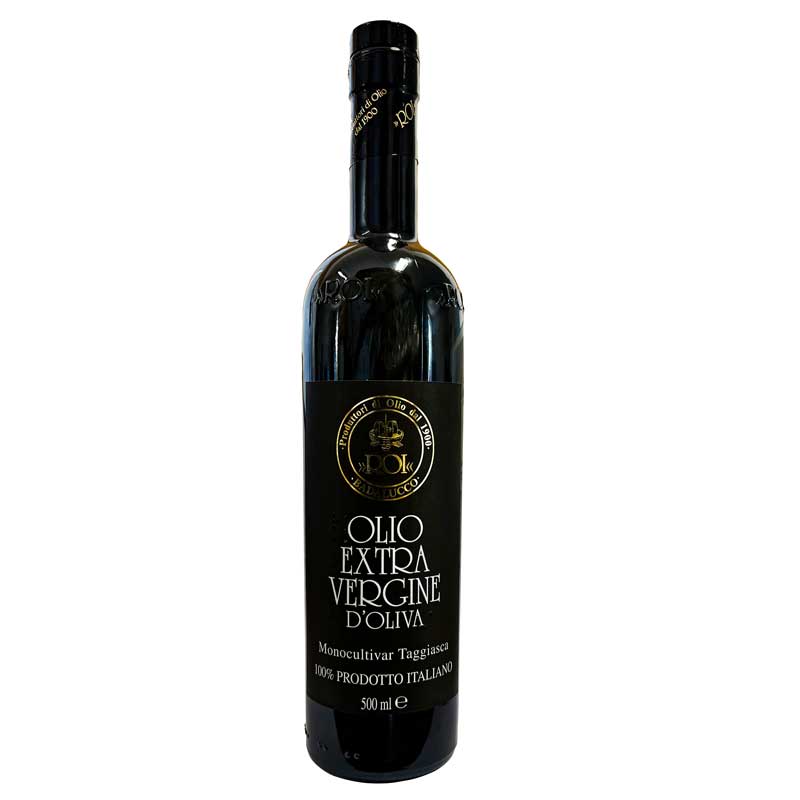 A 500ml bottle of Roi Monocultivar Taggiasca Extra Virgin Olive Oil with a black label and gold logo, on a white background.