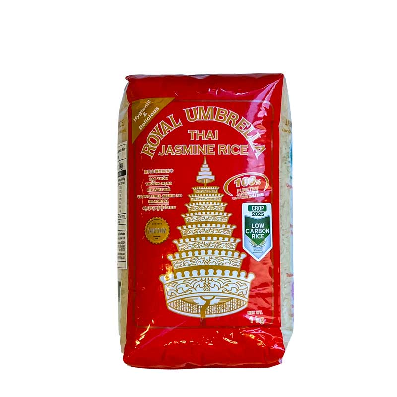 A 1kg bag of Royal Umbrella Thai Jasmine Rice with red and gold packaging.