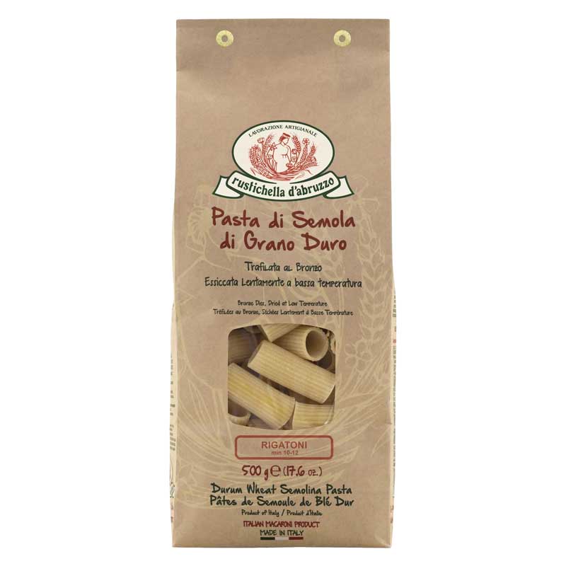 A 500g bag of Rustichella d'Abruzzo durum wheat pasta, featuring a natural brown kraft paper packaging with a clear window showing the dried pasta inside.