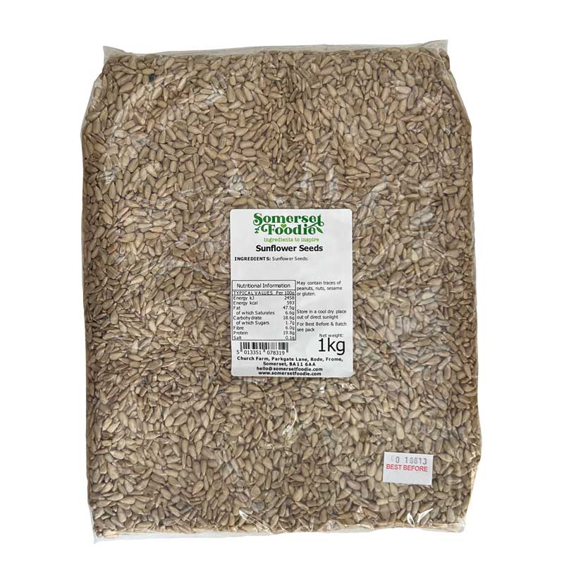 1kg Bag of Somerset Foodie branded sunflower seeds with a label on a white background