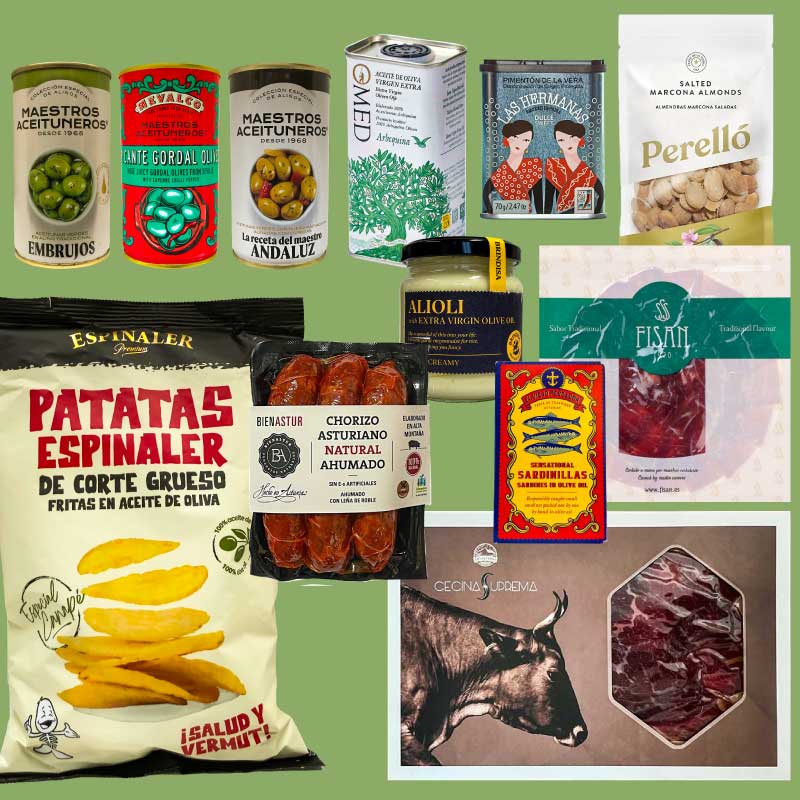 Taste of Spain Gift Box collage of multiple Spanish grocery products on a solid green background, including canned olives, jamón, a bag of Patatas Espinaler, chorizo, sardines, salted Marcona almonds, alioli, cecina, smoked paprika and olive oil.