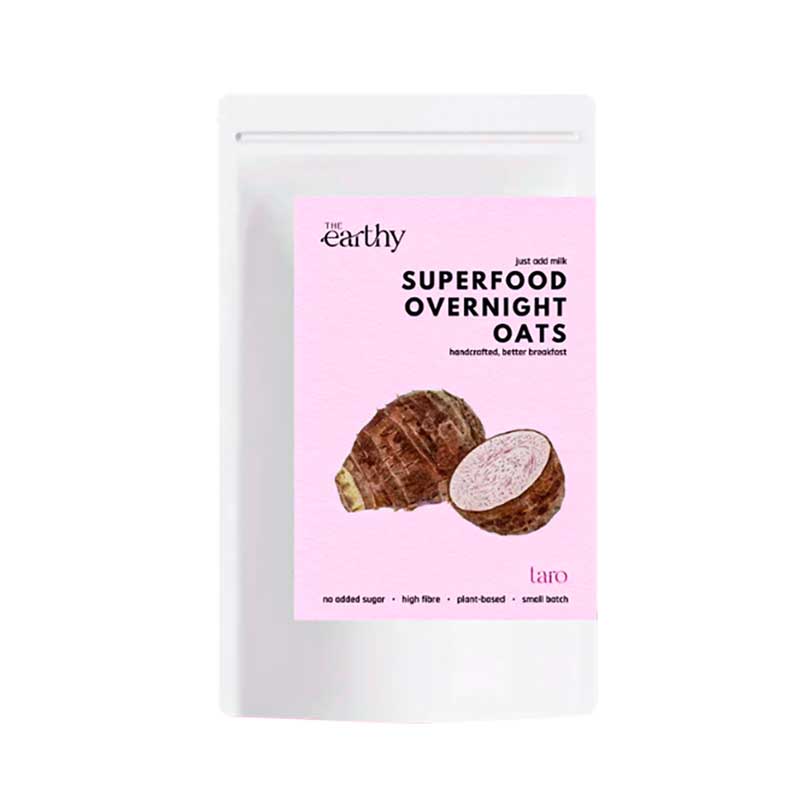 A pack of The Earthy Overnight Oats with an illustration of taro root on a pink background
