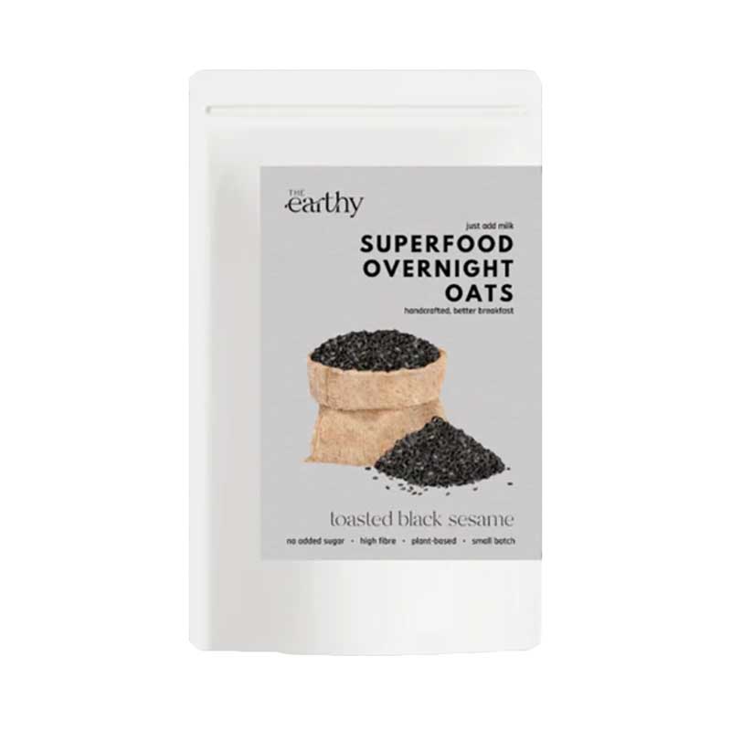 A pack of The Earthy Toasted Black Sesame Seed overnight oats with an illustration of black sesame seeds on a grey background