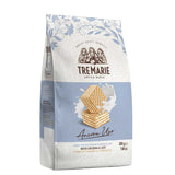 A 200g bag of Tre Marie Crispy Wafers with Milk Cream Filling, featuring a white and light blue design with an illustration of stacked wafers and a splash of milk.