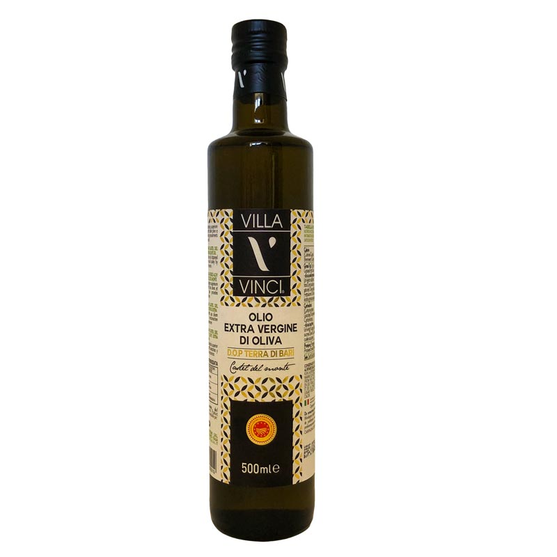 Bottle of Villa Vinci DOP Terra di Bari Extra Virgin Oil Olive 500g in a white background